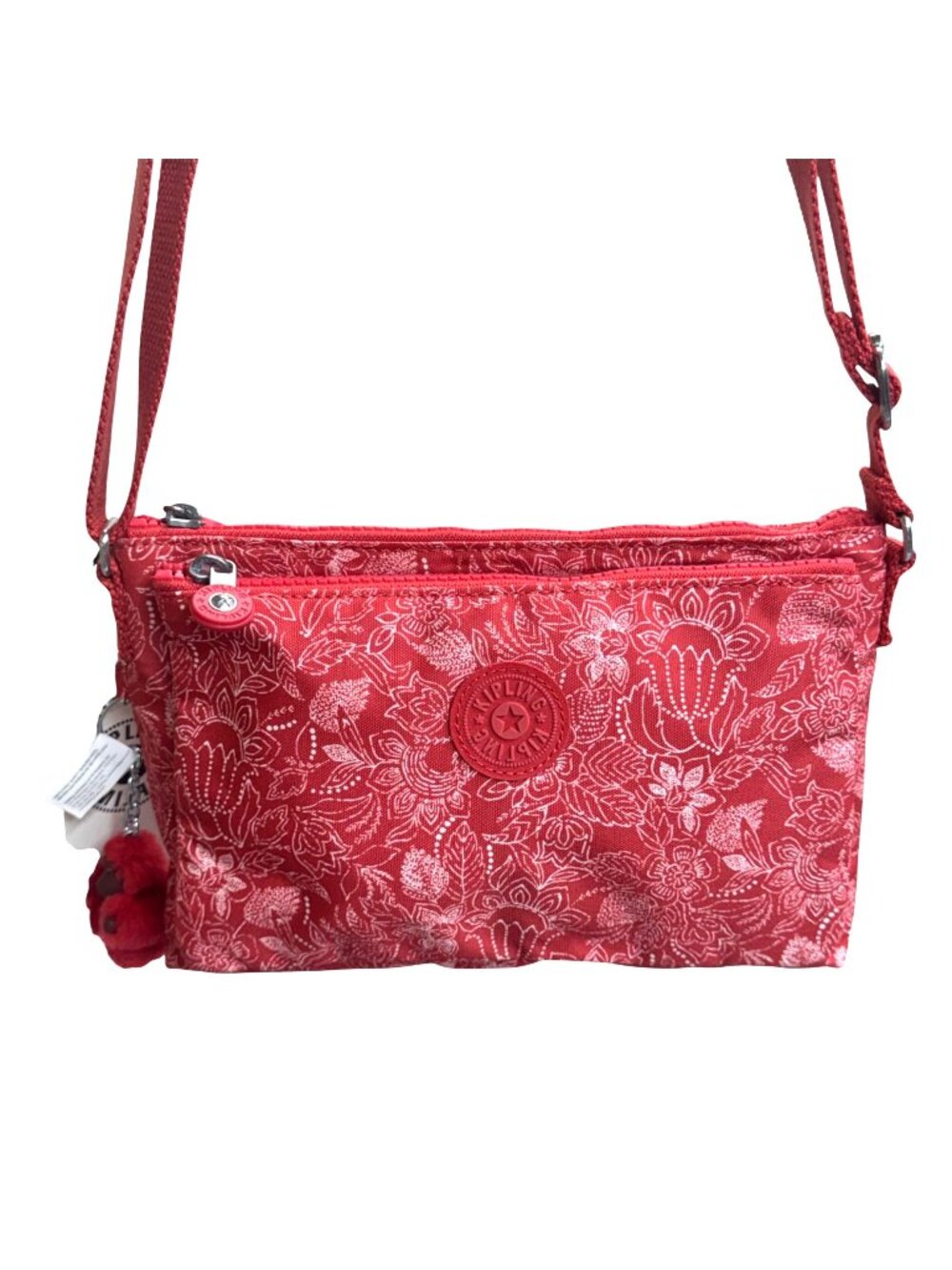 Kipling Mikaela Fresh Batik Floral Red Crossbody Bag Keychain NEW Red Paisley